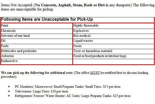 dumpster rental prohibited items